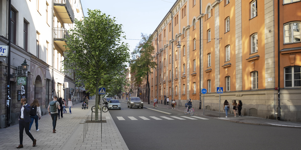 En breddad trottoar på Norrtullsgatans västra sida, visionsbild.